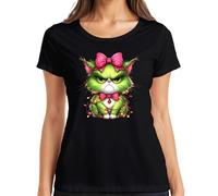 Gato de Navidad Grumpy Verde Lazo Cadena de Luces Regalo Divertido Camiseta Mujer, Negro , 3XL