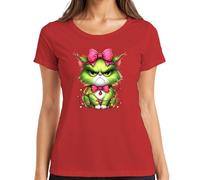 Gato de Navidad Grumpy Verde Lazo Cadena de Luces Regalo Divertido Camiseta Mujer, rojo, 3XL