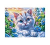 Gato de Ojos Azules en el Campo de Flores Puzzle 500 Piezas Cartón Blanco Premium para Expertos Días Lluviosos Colección Garantía Reposición Piezas 500 PCS