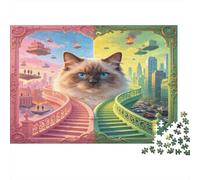 Gato de Ojos Azules Escena Ciudad fantástica Dividida Puzzle de 1000 Piezas Puzzle para Adultos Puzzle de Papel Relajación Concentración Juego Familiar Decoración Regalo 38x26cm/1000pcs