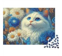 Gato de Ojos Azules Floral Rompecabezas 1000 Piezas Flor Azul del Gato Cartón Premium para Parejas Reunión Amigos para Decorar Oferta Mejor Regalo 52x38cm/1000pcs