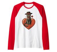 Gato de San Valentín con Lazo sosteniendo Rosas Rojas Sentado en el corazón Camiseta Manga Raglan