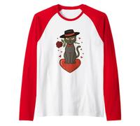 Gato de San Valentín con Lazo sosteniendo Rosas Rojas Sentado en el corazón Camiseta Manga Raglan