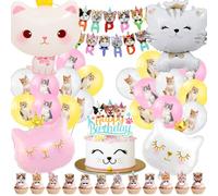 Gato Decoración Cumpleaños 50 Pcs,Gatos de Globos,Gatos Fiesta Kit,Gato Globos Látex Aluminio,Infantil Cumpleaños Set Con Tarta Topper,Pancarta para Niños Niñas