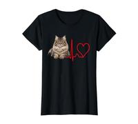 Gato del Bosque Siberiano Latido del corazón ECG Lifeline Pet Lover Camiseta gráfica económica, Mujer, Negro, XL