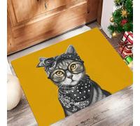 Gato Dibujado A Mano con Un Pañuelo La Cabeza. Felpudo Entrada Casa, Felpudos Exterior Antideslizante y Lavable Impermeable Alfombra Atrapar Suciedad para Puerta Principal Balcón Jardín, Broncearse
