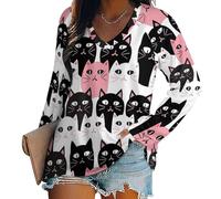 Gato Dibujos Animados En Blanco Negro Camiseta Mujer Manga Larga, Corte Holgado con V Escote Ilustración Moda Animales, Camiseta Básica Manga Larga Colores Mixtos Día A Día 4XL