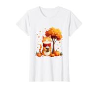 Gato Divertido con café Helado bajo árbol de otoño Gato Hola otoño otoño Camiseta gráfica económica, Mujer, Blanco, S