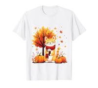 Gato Divertido con café Helado bajo árbol de otoño Gato Hola otoño otoño Camiseta gráfica económica, Hombre, Blanco, L