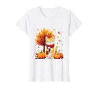 Gato Divertido con café Helado bajo árbol de otoño Gato Hola otoño otoño Camiseta gráfica económica, Mujer, Blanco, L