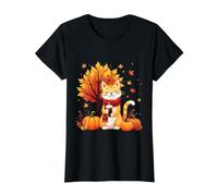 Gato Divertido con café Helado bajo árbol de otoño Gato Hola otoño otoño Camiseta gráfica económica, Mujer, Negro, L