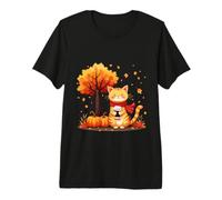 Gato Divertido con café Helado bajo árbol de otoño Gato Hola otoño otoño Camiseta Premium