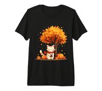 Gato Divertido con café Helado bajo árbol de otoño Gato Hola otoño otoño Camiseta Premium