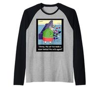 Gato Divertido de Dibujos Animados mordaza - Broma Visual de un Solo Panel Camiseta Manga Raglan