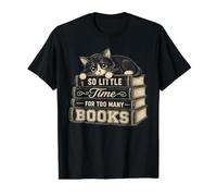 Gato Divertido: Tan Poco Tiempo para demasiados lectores de Libros Camiseta gráfica económica, Hombre, Negro, M