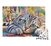 Gato en el Pueblo 1000 Tabby Gato Piezas Puzzle Cartón Resistente Actividad Vacaciones Compañeros De Puzzle Idea Niños Oficina Pareja Casa Relajación 52x38cm/1000pcs