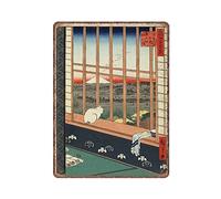 Gato en la ventana, carteles de chapa japoneses de 1857, Hiroshige, Ukiyo-e, arrozales de Asakusa y festival de Torinomachi, arte de pared vintage, pub, bar, cocina, jardín, baño, decoración del hogar