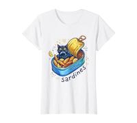Gato Escondido en una Lata de sardina Divertida Lata de Pescado Vintage Camiseta gráfica económica, Mujer, Blanco, S