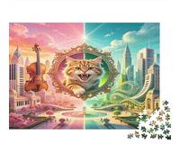 Gato Fantasía Ciudad Puzzle de 1000 Piezas Papel Puzzle para Adultos Escena Urbana Dividida Relajación Decoración Hogar Regalo 38x26cm/1000pcs