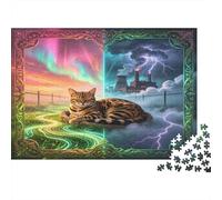 Gato Fantasía Puzzle de 1000 Piezas Papel para Adultos Escena Aurora Castillo Tormenta Relajación Enfoque Decoración Hogar Regalo Nan