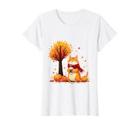 Gato Gatito con café Helado Debajo del árbol de otoño Gato Hello Autumn Camiseta gráfica económica, Mujer, Blanco, M
