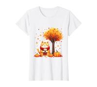 Gato Gatito con café Helado Debajo del árbol de otoño Gato Hello Autumn Camiseta gráfica económica, Mujer, Blanco, S
