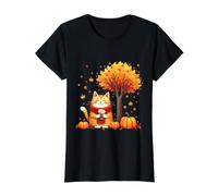Gato Gatito con café Helado Debajo del árbol de otoño Gato Hello Autumn Camiseta gráfica económica, Mujer, Negro, XS