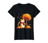 Gato Gatito con café Helado Debajo del árbol de otoño Gato Hello Autumn Camiseta gráfica económica, Mujer, Negro, S