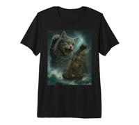 Gato Gigante Mientras Monstruo Marino Kraken ataca Barco Pirata en el océano Camiseta Premium