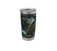 Gato gigante mientras monstruo marino Kraken ataca barco pirata en el océano Vaso térmico de acero inoxidable de doble pared