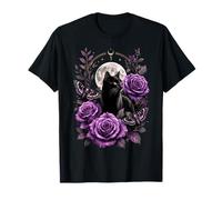Gato gótico Negro Rosas moradas Luna Bruja Arte Vintage Flor Camiseta