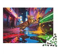 Gato Graffiti Ciudad Neón Puzzle de 1000 Piezas Papel Puzzle para Adultos Estilo Arte Urbano Relajación Decoración Hogar Regalo Familiar 70x50cm/1000pcs