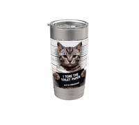 Gato Gris Divertido Mugshot Rompí el papel higiénico Humor Vaso térmico de acero inoxidable de doble pared