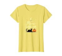 Gato Halloween Miau-loween Calabaza Luna Estrellas Espeluznante Diversión Camiseta, Mujer, Limón, S
