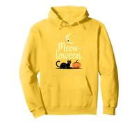 Gato Halloween Miau-loween Calabaza Luna Estrellas Espeluznante Diversión Sudadera con Capucha, Unisex para Adultos, Limón, L