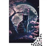 Gato Iluminado por la Luna Sakura 1000 Piezas Cartón Extra Grueso Paquete De Rompecabezas Coleccionistas Desafío Juego Educativo Entrenamiento Cerebral Hermosa Decoración 38x26cm/1000pcs