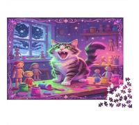Gato Ilustrado Escena Nocturna Interior Puzzle de 1000 Piezas Papel Puzzle para Adultos Relajación Decoración Hogar Regalo Familiar 38x26cm/1000pcs