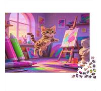 Gato Ilustrado Estudio de Arte Puzzle de 1000 Piezas Papel para Adultos Relajación Concentración Puzzle para Toda la Familia Decoración Regalo 70x50cm/1000pcs