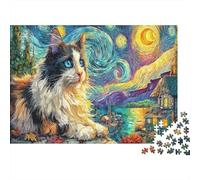 Gato in Starry Night Style Set De Rompecabezas 1000 Piezas para La Familia, Cartón Resistente Reciclado,Starry Gato Art Decoración Interior, Ocio Indoor, Reto Mental 70x50cm/1000pcs