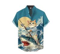 Gato Japonés Gráfico Camisa Hawaiana para Hombre Animal Cat 3D Imprimir Camisas de Manga Corta Harajuku Street Unisex Oversized Botón Camisas
