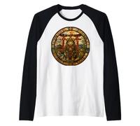 Gato japonés Samurai guardián Medieval vidriera Camiseta Manga Raglan