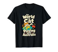 Gato Jugando con Australia Mapa Mundial Humor Camiseta gráfica económica, Hombre, Negro, S