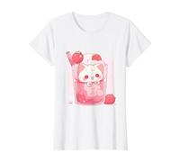 Gato Kawaii Chibi salpicando en Leche de Fresa Dulce Arte Lindo Camiseta gráfica económica, Mujer, Blanco, M