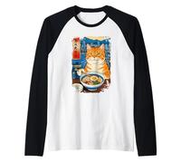 Gato Kawaii Comiendo Fideos Ramen Hong Kong Retro Arte Japonés Camiseta Manga Raglan