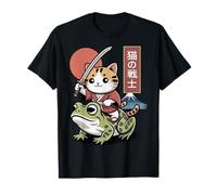 Gato Kawaii Montando Rana Arte Japonés Anime Sapo Samurai Cat Camiseta