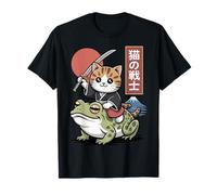 Gato Kawaii Montando Rana Arte Japonés Anime Sapo Samurai Cat Camiseta
