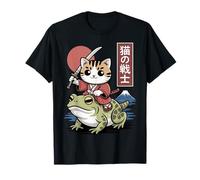 Gato Kawaii Montando Rana Arte Japonés Anime Sapo Samurai Cat Camiseta