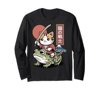Gato Kawaii Montando Rana Arte Japonés Anime Sapo Samurai Cat Manga Larga