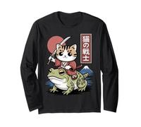 Gato Kawaii Montando Rana Arte Japonés Anime Sapo Samurai Cat Manga Larga