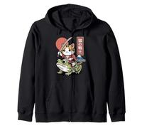 Gato Kawaii Montando Rana Arte Japonés Anime Sapo Samurai Cat Sudadera con Capucha